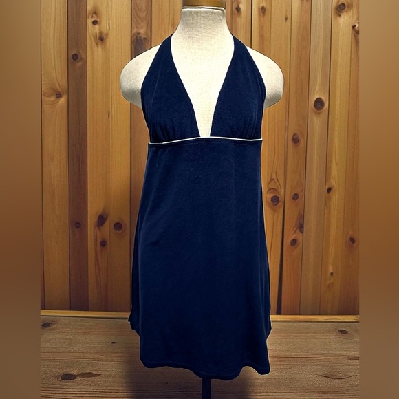 VTG Ralph Lauren Navy Terry Cloth Halter Mini Dress Deep V Neckline Size Large - Picture 1 of 4